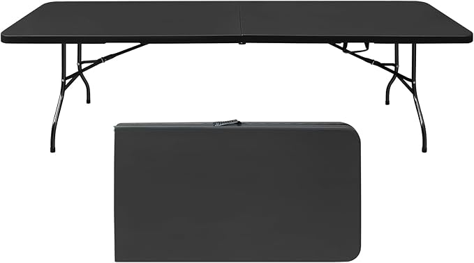 8 FT Folding Table with Carry Handle, Portable Fold-in-Half Plastic Table, Rectangle Foldable Table for Indoor/Outdoor Black