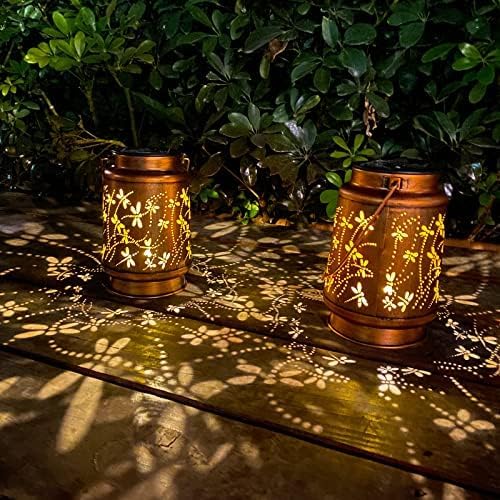 2 Pack Dragonfly Birthday Gifts for Women Mom Grandma Solar Lanterns Outdoor Waterproof Garden Decor Metal Hanging LED Decorative Light for Patio Yard Lawn Backyard Front Porch Gardening Gifts