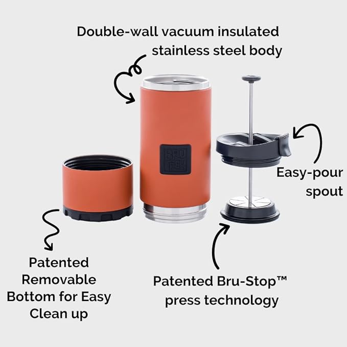 OVRLNDR Travel Coffee French Press, 24 fl.oz Capacity, Double Wall Vacuum Insulated, Easy To Clean Removable Bottom, No Spill Lid, On The Go Coffee Brewing (Snowflake White)