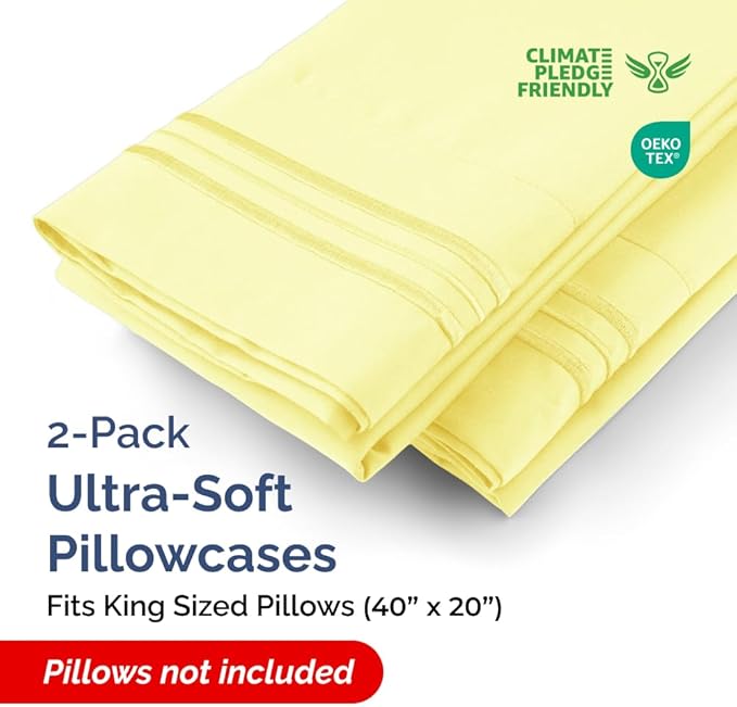 King Pillow Cases Set of 2 - Ultra Soft Hotel Quality Pillowcase Covers - Comfortable Cozy Bedding for Women, Men, Kids & Teens - Machine Washable Pillow Protectors - 2 Pieces Set - King Size Yellow