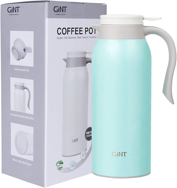 GiNT 51 Oz Stainless Steel Thermal Coffee Carafe, Double Walled Vacuum Insulated Flask, 12 Hour Heat Retention, 1.5 Liter Tea, Water, and Coffee Dispenser (Upgraded version Blue)