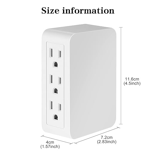 6 Outlet Wall Adapter, UL Listed 3-Prong Grounded Outlet to The Side, Wall Plug Side Access Adapter, 6 Way Outlet Extender Tap, White (1)