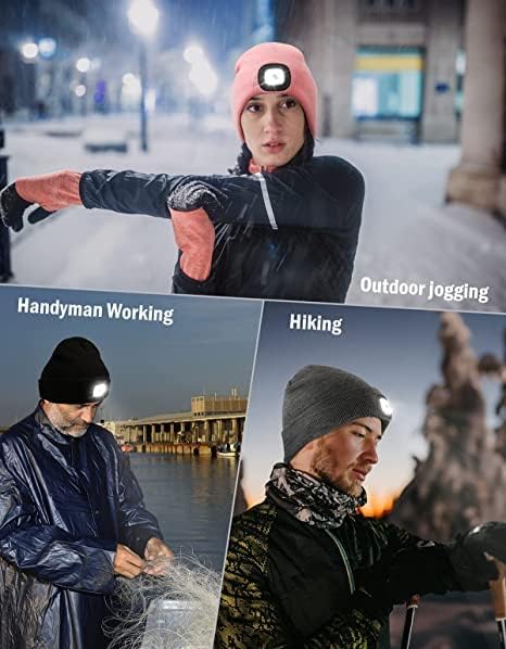 MELASA Unisex Hat with Light, USB Rechargeable Hands Free Headlamp LED Beanie, Winter Gifts for Men Dad Father Husband Him
