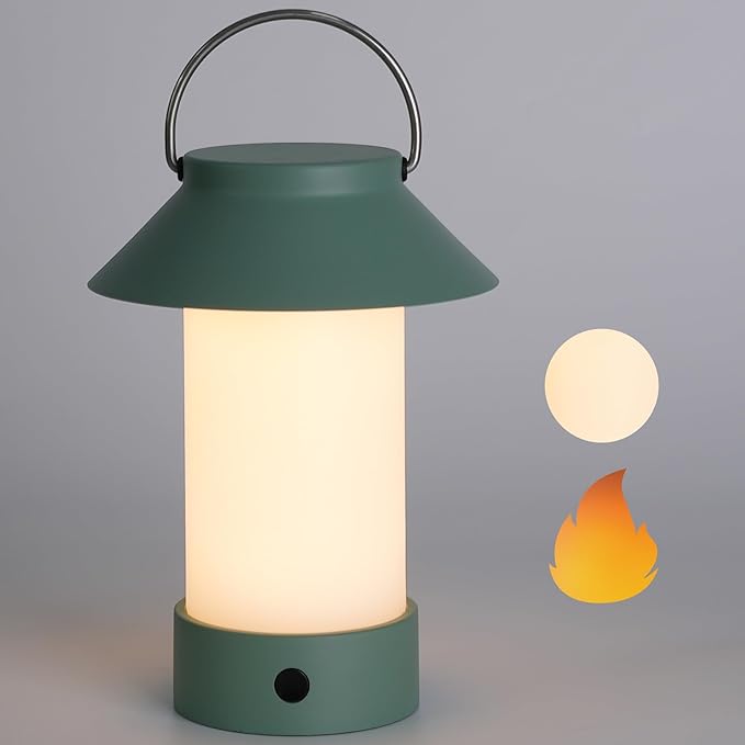 Rechargeable Outdoor Lantern Waterproof, Dimmable Warm White & Flickering Flame Mood Light, Portable Cordless Table Lamp for Patio/Camping/Shower/Emergency Power Outage (Green)