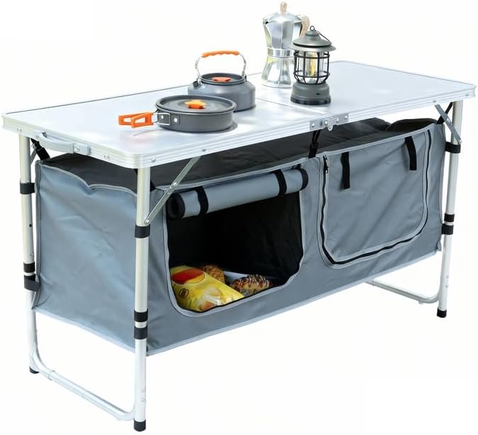 Camping Table, Folding Camping Table with Storage, Portable Kitchen Table, Lightweight, 3 Heights Adjustable Camping Furniture for BBQ, Picnic, Camping, Hiking, Beach, and Indoor