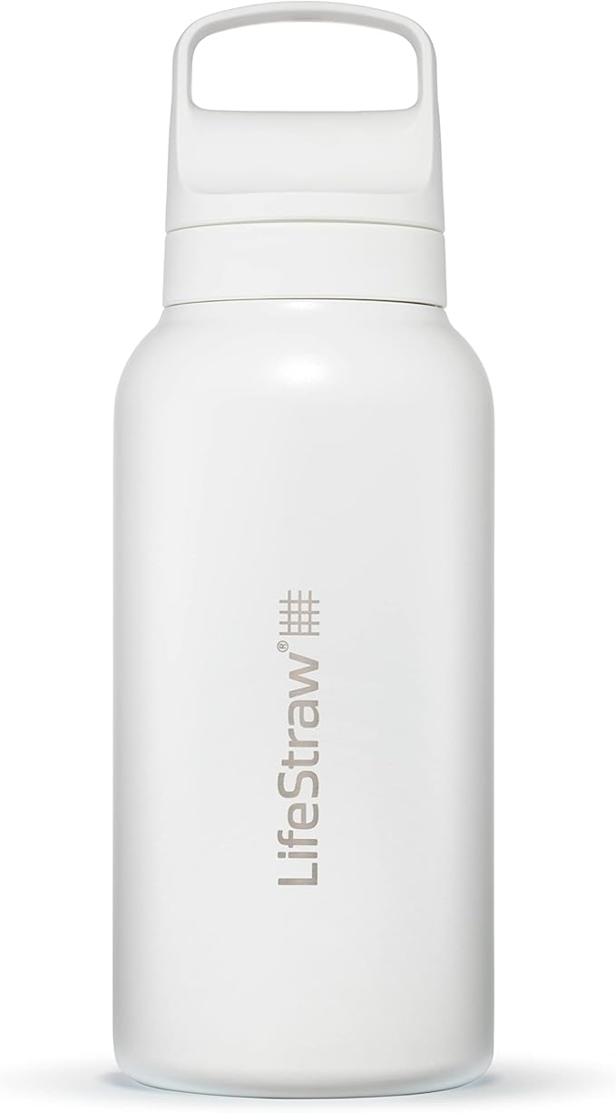 LifeStraw Go Series — Insulated Stainless Steel Water Filter Bottle for Travel and Everyday Use Removes Bacteria, Parasites and Microplastics, Improves Taste, 1L Polar White