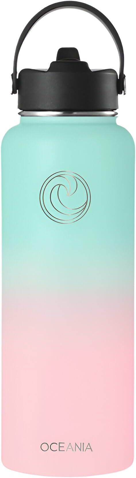 Oceania Flask 40oz Stainless Steel Water Bottle | Modern, Leakproof, Hydro BPA-Free, Insulated Water Bottle with 3 Lids, 3 Straws & 2 Straw Cleaning Brushes | Simple Camping & Hiking Water Bottles