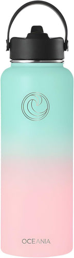 Oceania Flask 40oz Stainless Steel Water Bottle | Modern, Leakproof, Hydro BPA-Free, Insulated Water Bottle with 3 Lids, 3 Straws & 2 Straw Cleaning Brushes | Simple Camping & Hiking Water Bottles