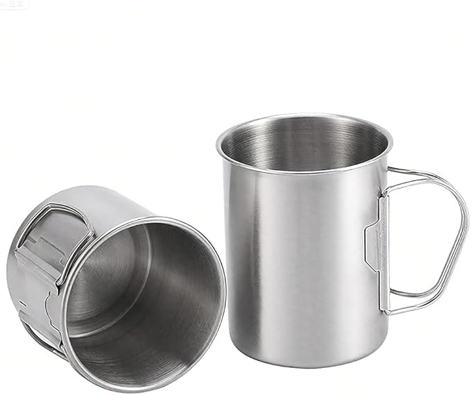 Stainless Camping Cup, 350ml Stainless Steel Camping Cup with Lid and Foldable Handle, High Temperature Direct Heating, Great for Backpacking