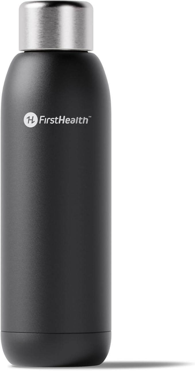 FIRSTHEALTH UV Self Cleaning and Water Purifying Bottle -18 Ounce Insulated Rechargeable Stainless-Steel Tumbler, Reusable, Kills 99.9% of Germs, Bacteria. Keeps Hot for 12-HR or Cold for 24-HR