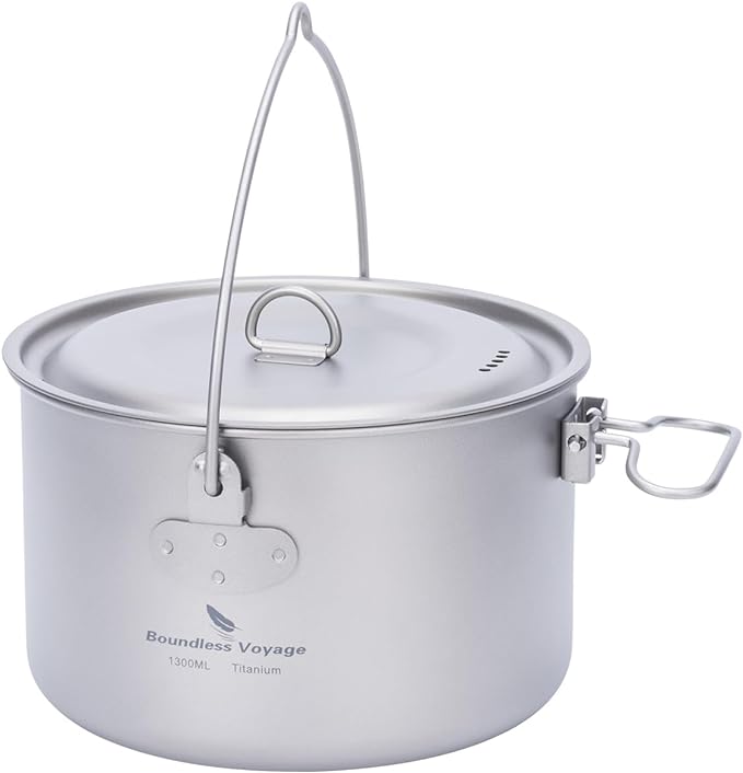 iBasingo 1.3L (1300ml) Titanium Pot with Lid Lightweight Backpacking Cook Pot for Solo Camping, Hiking & Backpackers, Portable Camping Cookware with Measurement Marks Ti2043C