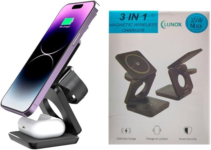 LUNOX 3-in-1 Wireless Charger for iPhone - Apple Watch & AirPods - Foldable Magnetic Fast Charging Dock - Black - White