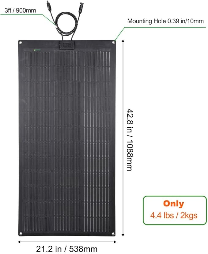 Lensunsolar 100W 12V ETFE Black Flexible Solar Panel, 42.8x21.2in, PERC 9BB 23.5%+ Efficiency Mono Solar Cells, for Campers, RVs, Boats,Camping, Tent
