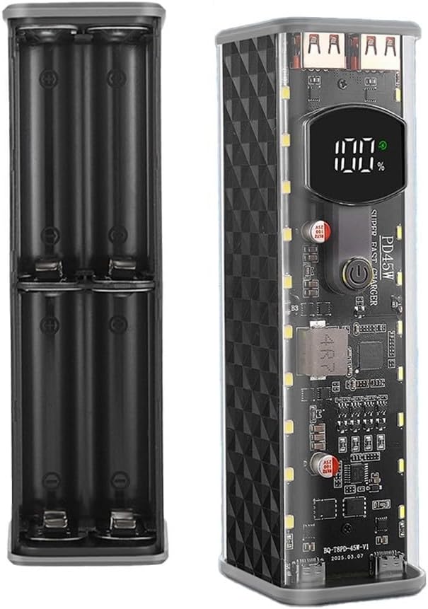 Portable Solder-Free Power Bank Case 22.5W 45W Transparent DIY Battery Box with Fast Charging for Cells Multi-Output Stable Voltage Multiple Protocols 160x57mm for DIY Enthusiasts Travel(black 45W)