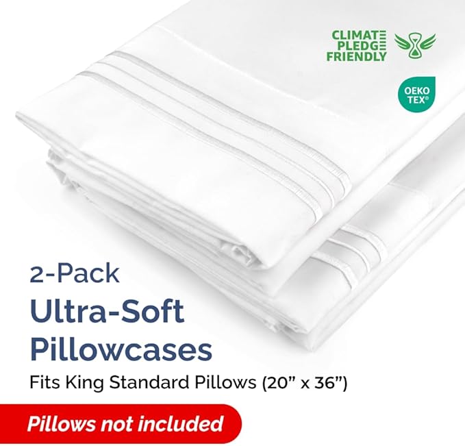 King Standard Pillow Cases Set of 2 - Soft Hotel Quality Pillowcase Covers - Comfy Bedding for Women, Men, Kids & Teens - Machine Washable Pillow Protectors - 2 Piece Set - King Standard Size White