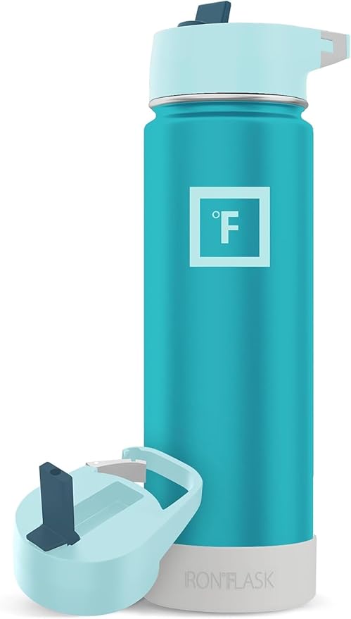 IRON °FLASK Camping & Hiking Hydration Flask with Straw Lid & Boot - Stainless Steel, Double Walled & Vacuum Insulated Water Bottle - Leak Proof & BPA Free (Azure Mist, Straw - 22 oz)