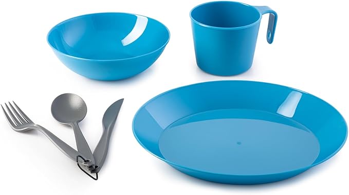 GSI Outdoors Cascadian 1 Person Table Set I 6-Piece Camping, Backpacking Mess Kit, Plastic BPA Free, Plate, Bowl, Mug, Cup & Cutlery Set