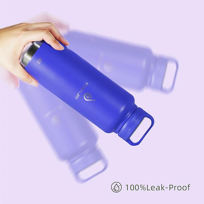 IDEUS Insulated Stainless Steel Water Bottle with 2 Leak-Proof Lids, Thermal Water Flask for Hiking Biking, 40oz, Purple