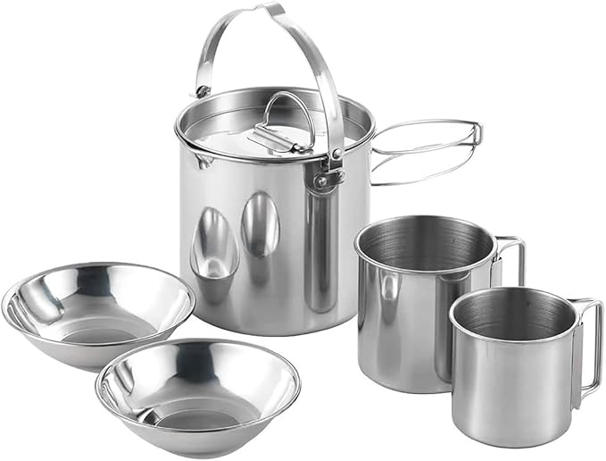 Camping Coffee Kettle and Mugs Set - Stainless Steel Pot with Collapsible Handle and Lid - Boiling Water with Open Fire for Hiking Backpacking Picnic Outdoor - 1.2 L