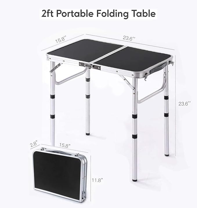 Small Folding Table 2 Foot, Portable Camping Table with Mesh Holders,Lightweight Aluminum Adjustable Height, with Carry Handle for Camping Picnic Indoor Outdoor, White 24 x 16 inch (Black