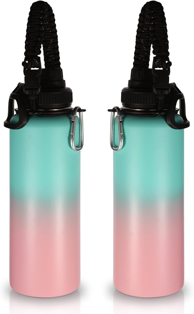 Volhoply Insulated Water Bottles Bulk 2 Pack, 40 oz Stainless Steel Sports Bottle with Paracord Handle & Spout Lid,Double Walled Vacuum Travel Water Cups with Wide Mouth Hiking(Green Pink,2 Set)