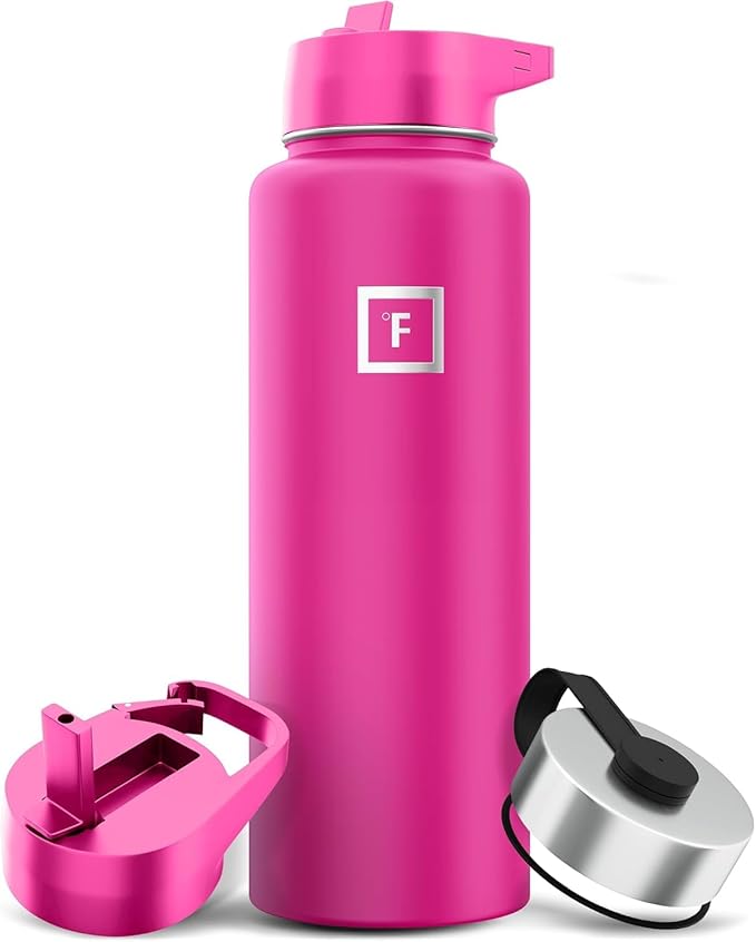 IRON °FLASK Camping & Hiking Hydration Flask with 3 Lids - Stainless Steel, Double Walled & Vacuum Insulated Water Bottle - Leak Proof & BPA Free (Pink Tulip, Straw - 40 oz)