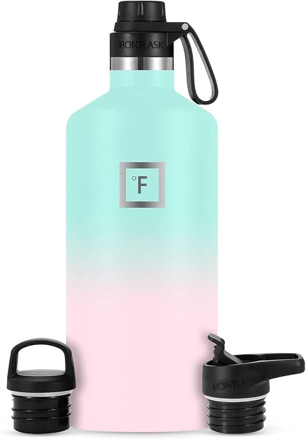 IRON °FLASK Camping & Hiking Hydration Canteens - 3 Lids (Narrow Spout Lid) Leak Proof Vacuum Insulated Stainless Steel - Hot & Cold Double Walled Sports Water Bottle - Bubble Gum, 64 Oz