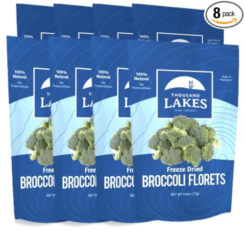 Thousand Lakes Freeze Dried Vegetables - Broccoli Florets 8-pack 0.6 ounces (4.8 ounces total) | 100% Florets - No Stems | No Salt Added