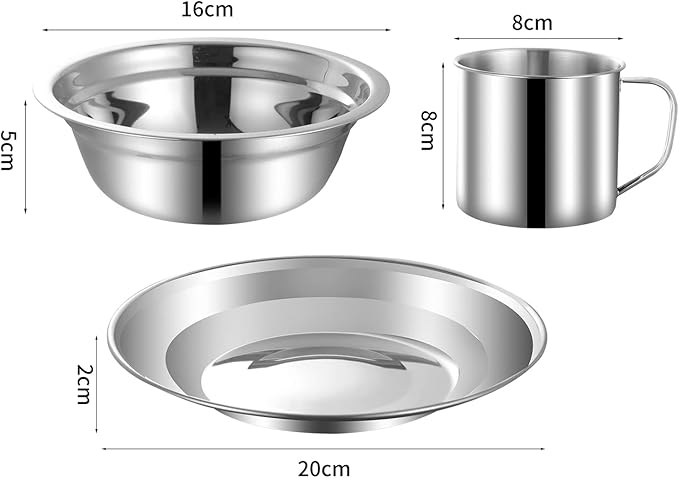 Camping Mess Kit Camping Dishes Set Stainless Steel Tableware Mess Kit Includes Plate Bowl Cup Spoon Fork Knife in Mesh Bags for Camping Backpacking & Hiking for 2 Person