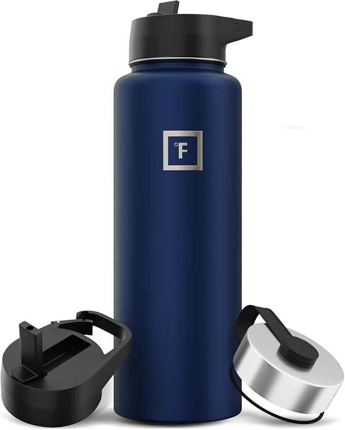 IRON °FLASK Camping & Hiking Hydration Flask with 3 Lids - Stainless Steel, Double Walled & Vacuum Insulated Water Bottle - Leak Proof & BPA Free (Twilight Blue, Straw - 40 oz)