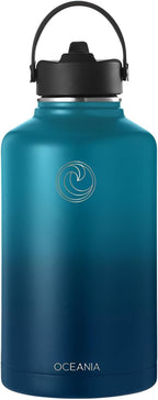 Oceania Flask 64oz Stainless Steel Water Bottles | Modern, Leakproof, Hydro BPA-Free, Insulated Water Bottle with 3 Lids, 3 Straws & 2 Straw Cleaning Brushes | Simple Camping & Hiking Water Bottle