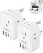 LENCENT 2 Pack US to UK Ireland Travel Plug Adapter,Grounded Type G Adapter For Travel with 4 Outlets 4 USB Ports (2 USB C), Power Plug for USA to Dubai Scotland British London England Hong Kong