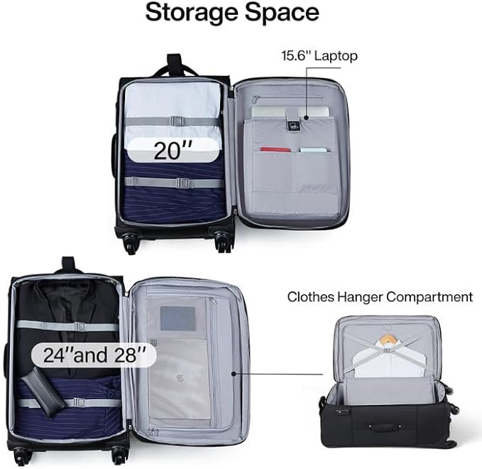 Hanke 20 Inch Softside Expandable Carry On Luggage with Spinner Wheels, Rolling Suitcase Travel Luggage with TSA Approved Luggage,Black