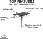 Heavy-Duty Roll-Top Table for Camping - Portable Aluminum-Top Folding Table with Steel Frame by Caddis Sports (Medium)