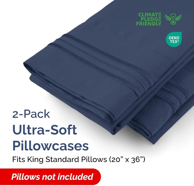 King Standard Pillow Cases Set of 2 - Soft Hotel Quality Pillowcase Covers - Comfy Bedding for Women, Men, Kids and Teens - Machine Washable Pillow Protectors - 2 Piece Set - King Standard Navy Blue