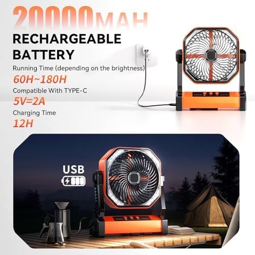 Camping LED Fan with Light,20000mAh Rechargeable Battery Powered Outdoor Tent Fan with Light and Hook, 4 Speed, Personal USB Desk Fan for Camping, Fishing, Power Outage,Hurricane, Worksite