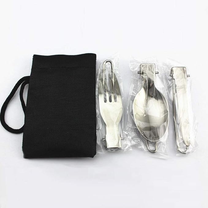 Camp Flatware Sets - Stainless Steel Spoon Fork Knife & Nylon Storage Bag - Foldable + Locking Handle - Ultralight Utensils for Backpacking/Hiking/Camping - 3oz