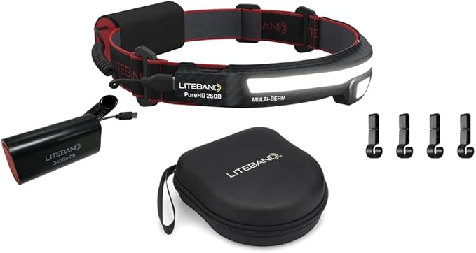Liteband Bundle PRO PureHD 2500 Lumens LED Headlamp Rechargeable Battery Powered, Bright Head Lamp Flashlight, Hard Hat Light, Mechanic Lamps, Camping, Running, Best Rated for Forehead, Carbon