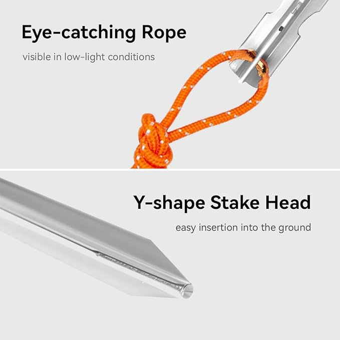 12 Pack Tent Stakes, 7-inch Ultralight Aluminum Ground Pegs with Reflective Pull Ropes, Tri-Beam Stake in a Carrying Bag, for Camping, Backpacking, Hiking, Hammocks and Canopy, Silver