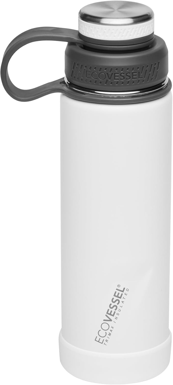 EcoVessel Stainless Steel Water Bottle with Insulated Dual Lid, Insulated Water Bottle with Strainer and Silicone Bottle Bumper, Coffee Mug – 20oz (White Out)