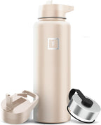 IRON °FLASK Camping & Hiking Hydration Flask with 3 Lids - Stainless Steel, Double Walled & Vacuum Insulated Water Bottle - Leak Proof & BPA Free (Sand, Straw - 40 oz)