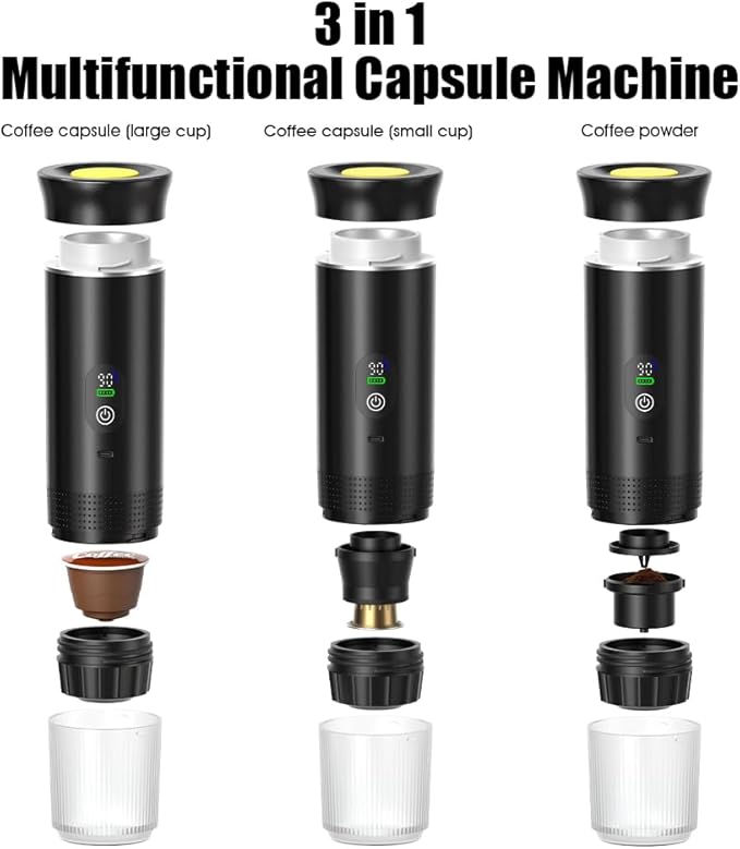 Portable Espresso Maker and Metal Stand Set, Self-Heating Travel Coffee Machine, Rechargeable Coffee Maker with Digital Display, 3-in-1 for Ground Coffee & Capsules, Camping RV Office