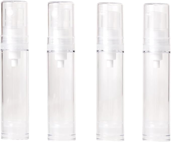 4Pcs 0.34 oz Airless Travel Pump Bottles - 3.7×0.7 inch Refillable Clear Cosmetic Containers Leak‑Resistant for Lotion Shampoo Serum（Spray+Lotion）
