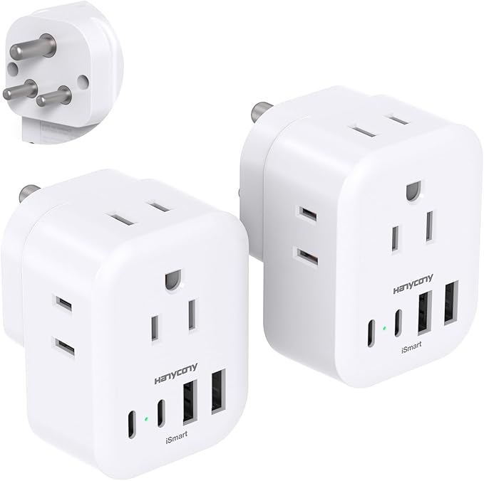 2 Pack US to India Plug Adapter, HANYCONY Type D Travel Plug Adapter with 4 Outlets 4 USB Charger (2 USB C Ports), India Power Adapter for USA to India, Bangladesh Maldives Pakistan Nepal Sudan