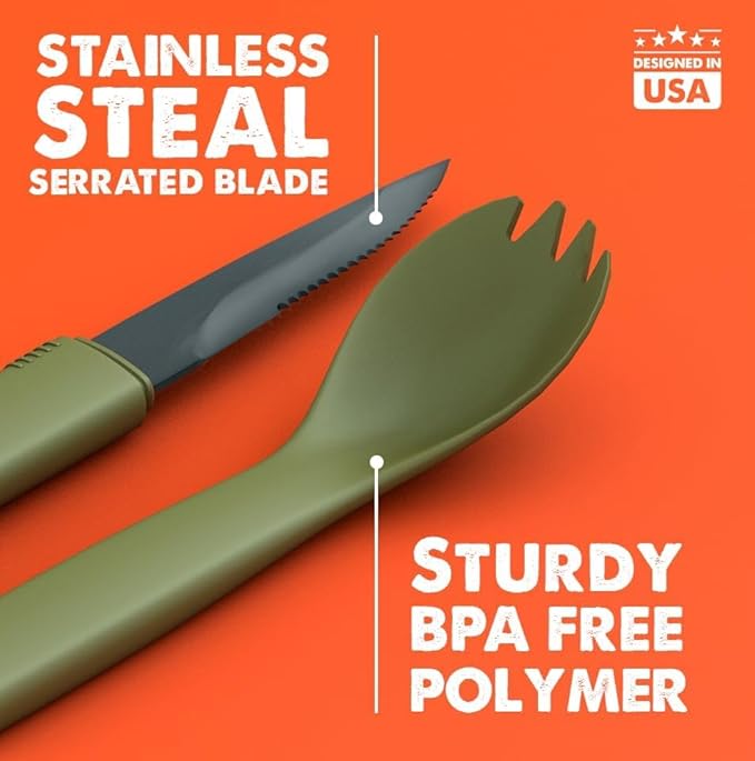 Tapirus Spork Tactical Green | BPA Free Spoon Fork, Stainless Steel Knife and Fire Starter | 3 in 1 multipurpose utensil | Outdoor hiking, camping & backpacking gear | Fit for MRE