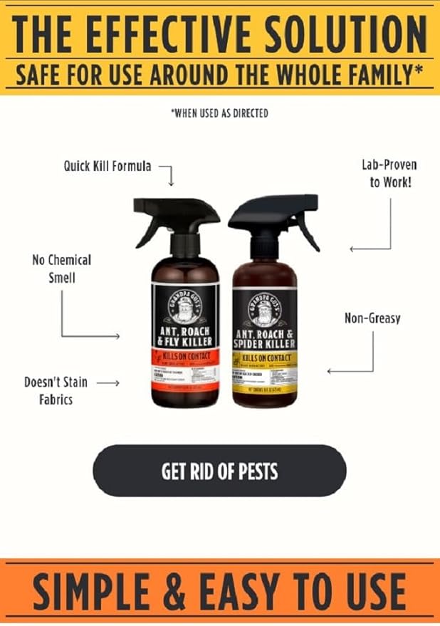 Grandpa Gus's Natural Ant Roach Spider Killer Spray, Fast-Acting Plant-Based Insect Control, Safe for Kids Pets, Indoor Outdoor Use, Non-Greasy, Fresh Scent, 16 fl oz