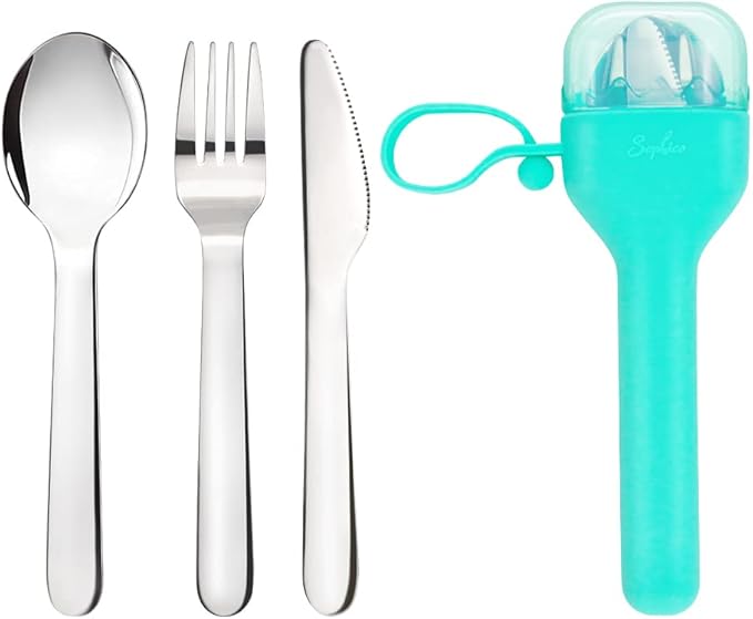 Sophico Travel Utensils Set for Camping and Kids Lunch Box, Stainless Steel Fork and Spoon, Knife Silverware Flatware Sets with Silicone Case - Portable & Leak-proof, Dishwasher Safe (Mint, 1 Set)