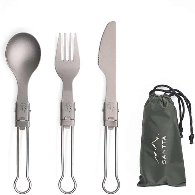 SANTTA Ultra Light Titanium Folding Cutlery Set Including Knife Fork Spoon with Bag for Backpacking, Hiking, Camping and Traveling