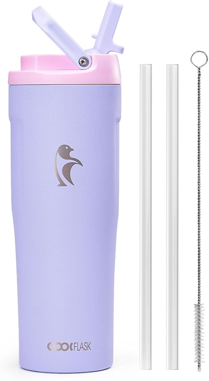 Coolflask Water Bottle 32 oz Fits Car Cup Holder, Slim Tumbler Stainless Steel with Straw & Handle, Vacuum Flask Leakproof Wide Mouth for Travel Sports Gym, Lavender