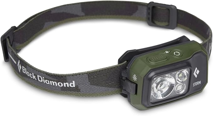 BLACK DIAMOND Storm 450 LED Headlamp, Waterproof and Dimmable Battery Powered Headlamp for Camping, Hiking, Hunting, Running, Work with Red Light Headlamp Mode, Dark Olive